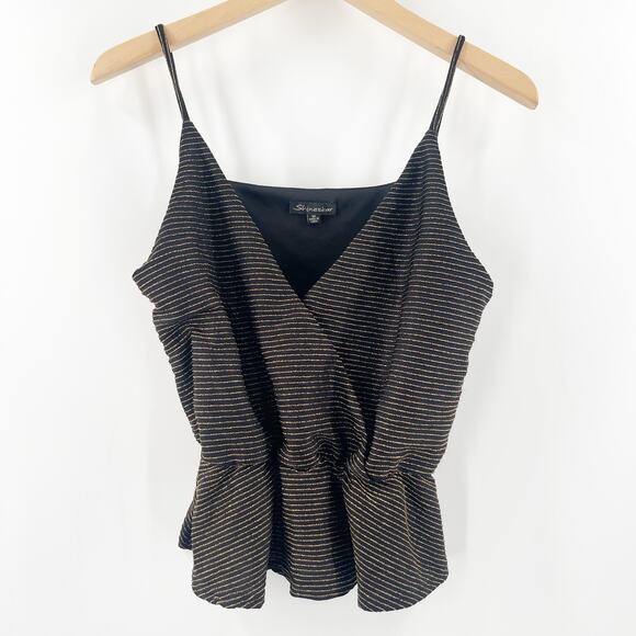 SHINESTAR Tank Size Medium Black and Lurex Gold Stripes Evening Cocktail Peplum - Picture 1 of 9